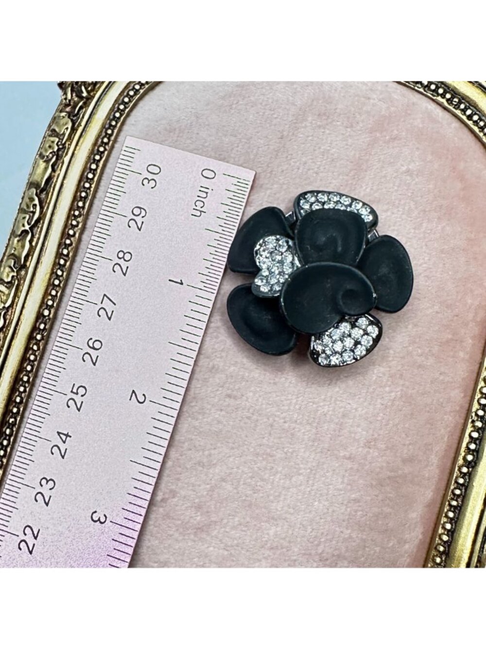Black Matte Flower Scarf Clip With Crystal Accents Vintage Style - Picture 9 of 10